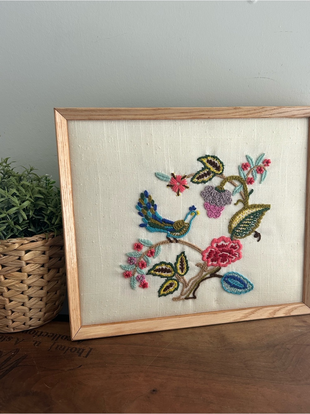 Vintage Jacobean crewel embroidery Framed artwork Blue Peacock bird Floral